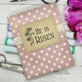 Card made with Pretty Polka's paper. A lavender dot background with a kraft label and 'He is Risen.'