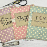 Three cards using Pretty Polka's paper in pink, lavender and sage dots with 'Faith over fear', 'He cares for you' and 'He is Risen.'
