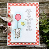 Red dotted card of the balloon koala and birdie with the helping-one-person quote.