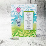 Daisy-stenciled card of the koala floating on a pink balloon with the kindness quote.