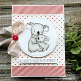 Heart-print card of the koala mama and joey in a circle frame with ribbon bow.