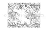Line-art stamp sheet of an all-over lily-of-the-valley floral background with delicate bell blooms and leaves.