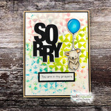 Card with the big 'Sorry' word beside a little koala and balloon over 'You are in my prayers'.