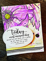 Card of purple poppies over a hexagon background, 'today is a most unusual day.'