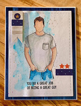 Blue-washed card with the guy in a gray tee, stars and flag accents, sentiment stamped below