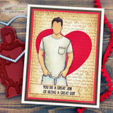 Red-heart background card with the guy in a white tee and the great-guy sentiment in red