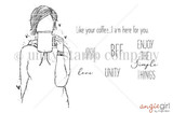 Line-art red rubber stamp of an AngieGirl holding a mug with sentiments "Like your coffee, I am here for you" and "ENJOY the simple things."