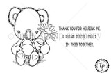 Line-art red rubber stamp of a sweet koala holding a flower, 'thank you for helping me,' 'in this together.'