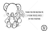 Line-art red rubber stamp of a sweet koala holding a flower, 'thank you for helping me,' 'in this together.'
