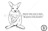 Outline stamp sheet of a kangaroo holding a heart, with "Hearts take time to heal" and "Be gentle with yourself."