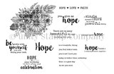 Black and white stamp sheet with a floral swag of sunflowers, daisies and a butterfly, surrounded by sentiments including 'Hope is a beautiful thing,' 'be gentle with you are doing your best,' 'hope love faith' and 'HOPE your birthday is full of joy and celebration.'