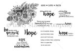 Black and white stamp sheet with a floral swag of sunflowers, daisies and a butterfly, surrounded by sentiments including 'Hope is a beautiful thing,' 'be gentle with you are doing your best,' 'hope love faith' and 'HOPE your birthday is full of joy and celebration.'