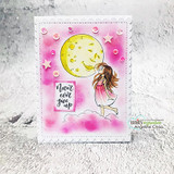 White card with a pink blended sky, a pale yellow moon and the girl in a pink dress on white clouds, beside a stamped panel reading Never ever give up.