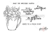 Line art of the Fresh Start stamp set: a wide-handled mug spilling over with lilies and leaves, plus script and block sentiments reading Make the impossible happen, brave amazing worthy powerful, be unique, a gift for you, and Here's to a fresh start.