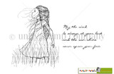 Line-art red rubber stamp of a sketchy girl in a dress with "May the wind be always at your back and the sun shine upon your face."
