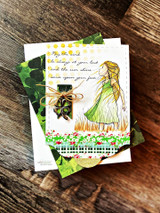 Card of the girl with green foliage accents and "thank you."