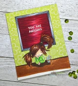 Handmade card made with Unity Stamp Co’s Letterboard Quotes red rubber stamp set — a felt letterboard sign frame you can fill with the set's swappable quote sentiments — stamped and colored, with the sentiment “Do more of what makes you happy”.