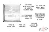 Letterboard Quotes red rubber stamp set from Unity Stamp Co — a felt letterboard sign frame you can fill with the set's swappable quote sentiments — shown on the black-line stamp sheet with sentiment stamps including “You are amazing” and “This is your day”.