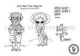 Black and white stamp sheet of a grandpa in a bucket hat and glasses and a grandma with a sun hat and beach bag, with the sentiments 'let the fun begin! (happy retirement),' 'DOING WHAT I WANT, WHEN I WANT. -RETIRED' and 'The Best is yet to Come.'