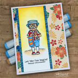Card on hibiscus paper with grandpa colored in a striped shirt and blue shorts against a yellow sky, over 'let the fun begin! (happy retirement).'
