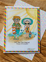 Card with rainbow striped border and polka dots; the retired couple stand on a sunny beach above 'let the fun begin! (happy retirement).'