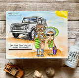 Beach scene card with a stamped vintage wagon and the retired couple in the sand, lettered 'let the fun begin! (happy retirement).'