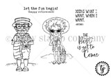 Black and white stamp sheet of a grandpa in a bucket hat and glasses and a grandma with a sun hat and beach bag, with the sentiments 'let the fun begin! (happy retirement),' 'DOING WHAT I WANT, WHEN I WANT. -RETIRED' and 'The Best is yet to Come.'