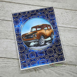 Card with the vintage SUV inside a circle over a blue swirl-pattern panel.