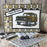 Birthday card — the green Scout truck over a retro circle-print panel with 'Happy Birthday.'