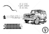 Red-rubber Scout Adventure stamp set — a vintage Scout SUV with tire tracks and the sentiments 'Say yes to adventure' and 'Life is either a great adventure or nothing.'