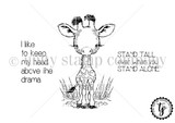 Line-art red rubber stamp set 'Cuddlebug Giraffe Mini' showing a cute baby giraffe, by Tierra Jackson, with sentiments 'Stand tall even when you stand alone' and 'I like to keep my head above the drama.'