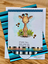 A cute baby giraffe stamped in red rubber and colored on a handmade card reading "I like to keep my head above the drama."