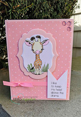 A cute baby giraffe stamped in red rubber and colored on a handmade card reading "I like to keep my head above the drama."