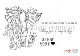 Line-art red rubber stamp of a long-haired mermaid among flowers, 'wishing you a magical day' and 'follow your heart.'