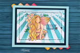 Card with the mermaid colored over a striped panel, 'follow your heart.'