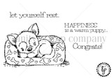 Line-art red rubber stamp of a puppy on a dog bed with sentiments "let yourself rest" and "Happiness is a warm puppy."