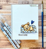 Clean card of the puppy on its bed with "HELLO, CUTIE."