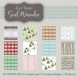 Let Your Soul Wander paper pack in a twelve square grid: red, green and blue plaids, pine tree prints, birch and wood grain, soft snow texture and a forest scene with a small bear.