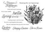 The Easter Lily Blessings red rubber stamps — a graceful lily with 'He is Risen,' 'Happy Easter' and 'Blessings for new beginnings.'