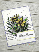 The lily on a script-background card with a soft panel — 'He is Risen.'