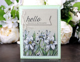 The lily colored in soft greens and white on a mint-framed card — 'hello, you are in my thoughts.'