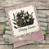 The Easter lily on a scalloped panel over pink — 'Happy Easter.'