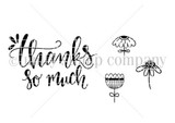 Line art of the Big Huge Thanks stamp set: a large brush-script sentiment reading Thanks so much, with three small line-drawn flower stamps beside it.