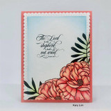 Card with the peony corner spray colored in coral over a soft sky panel, stamped 'The Lord is my shepherd; I shall not want.'