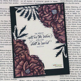 Card with the flowers colored in deep plum on a dark panel over text paper, stamped 'For whoever calls on the name of the Lord shall be saved.'