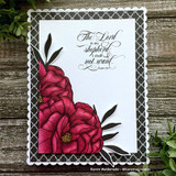 Card of the peony spray in rich magenta on a scalloped black frame, stamped 'The Lord is my shepherd; I shall not want.'