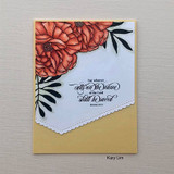 Card of the coral peony corner spray over a soft grey panel, stamped 'For whoever calls on the name of the Lord shall be saved.'