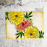 Card with the peony spray in bright yellow framing a corner over floral paper.