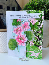 Card with the lotus colored in soft pinks beside a green leafy-patterned panel and 'When nothing is certain, anything is possible'.