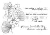 Red rubber stamp sheet: a line-drawn lotus blossom with lily pads and four script sentiments including 'Trust the wait' and 'Embrace the uncertainty'.